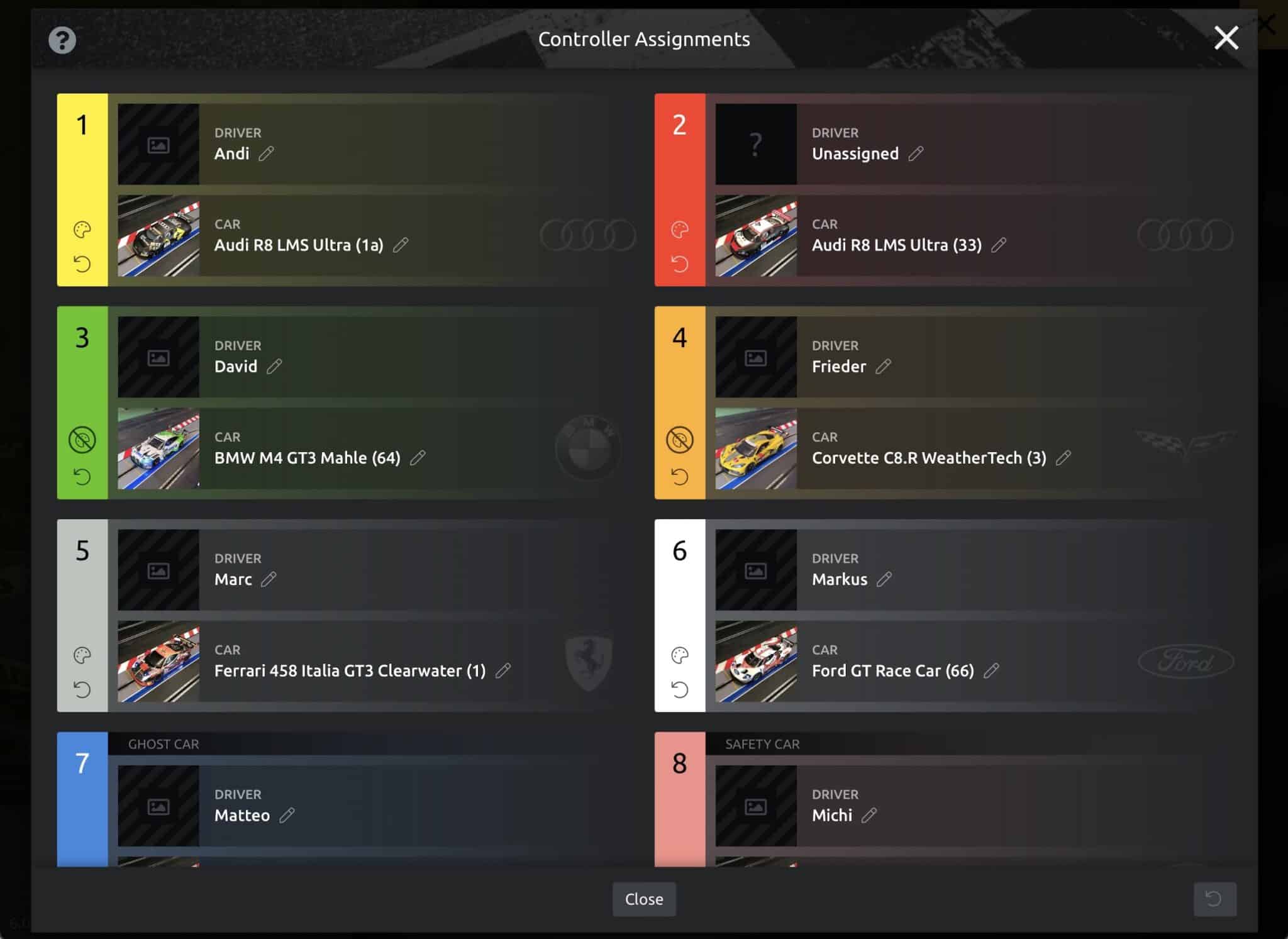 Assigning drivers and cars - SmartRace for Carrera Digital